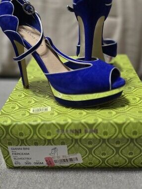 Gianni Bini Royal Blue Suede Platform Peep-Toe Heels with Neon Accent